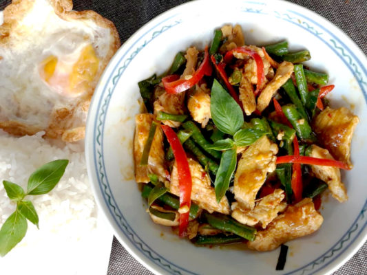 Image of Thai Style Stir Fried Chicken with Long bean and Chili served with rice prepared by home chef