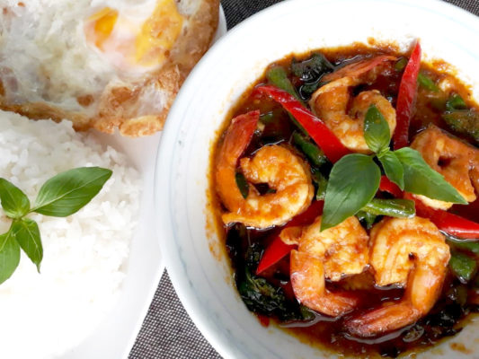 Image of spicy Thai Style Stir Fried Prawn with long bean and chili served with rice prepared by home chef
