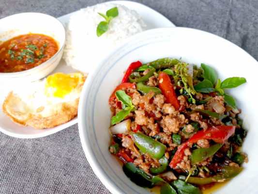Image of Stir Fried Minced Meat cooked with Thai Basil and Chilli served with rice prepared by home chef