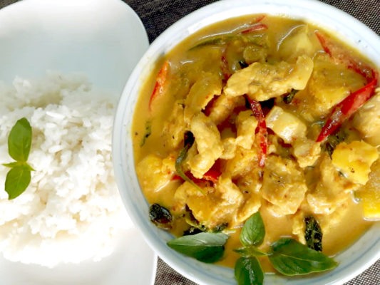 Image of zesty Curry Pork cooked with pineapple served with rice prepared by home chef
