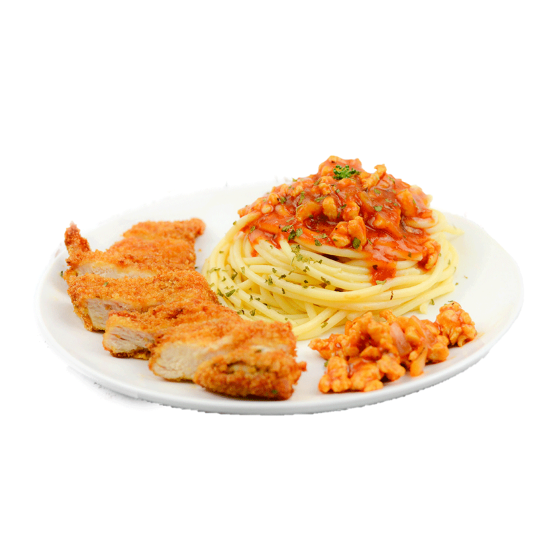 Image of Spaghetti Bolognese served with Chicken Chop