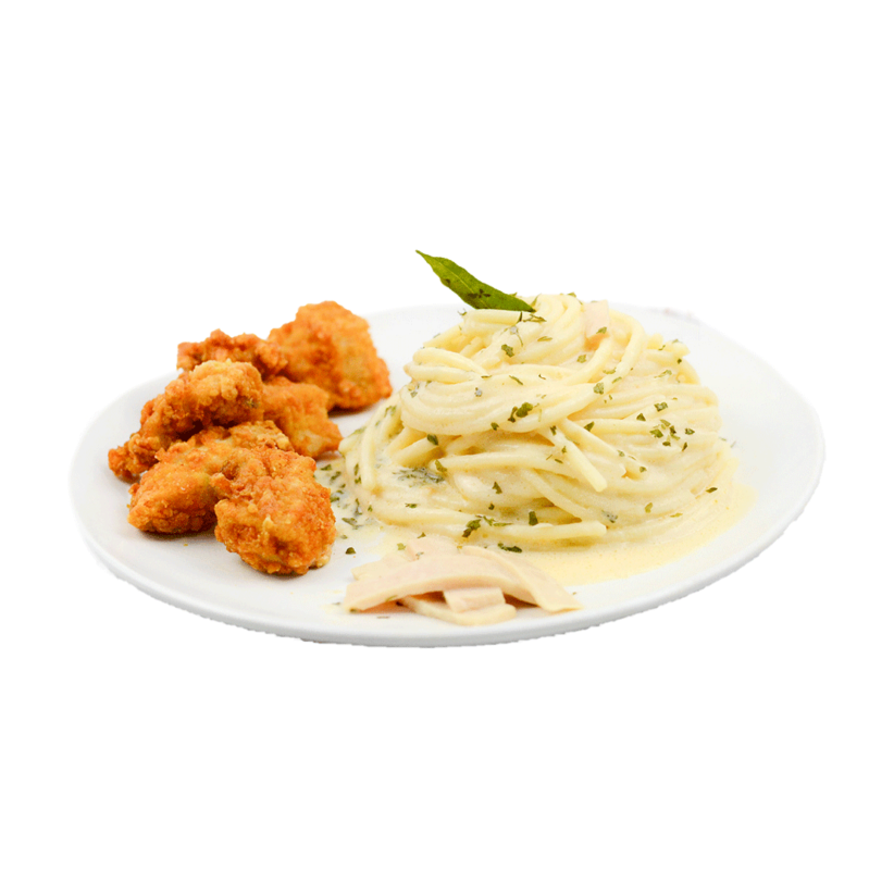 Image of Spaghetti Carbonara served with chicken karaage