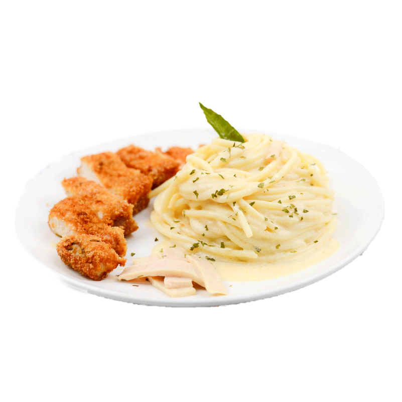 Image of Spaghetti covered in rich carbonara sauce served with scrumptious chicken chop