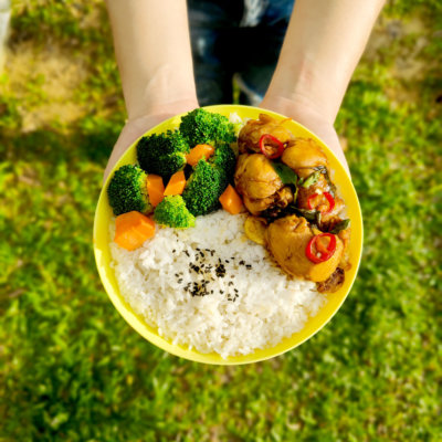Image of famous Signature Taiwan 3 Cup chicken served with rice and freshly-cooked vegetables