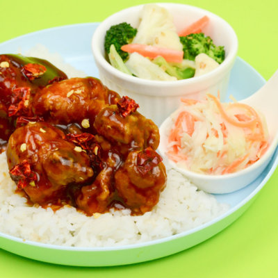 Image of Savory Mongolian Chicken served with rice, vegetable and tomato soup