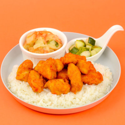 Image of scrumptious Taiwan Popcorn Chicken served with rice, pickled vegetable and tomato soup