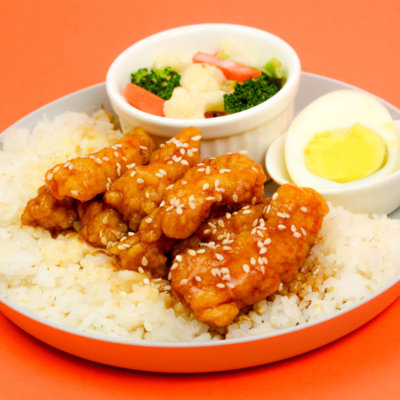 Image of flavorful Terriyaki Chicken served with rice, egg and pickled radish