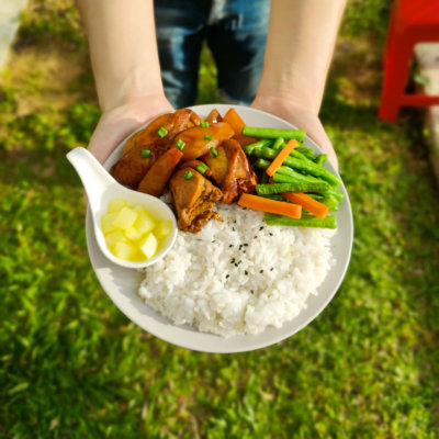 Image of Braised Plum Chicken and Potato served with rice, freshly-cooked vegetables and pickled radish