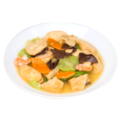 Image of Authentic Traditional Lo Han Zai stir fried with shrimp, fuzhou, carrot, beancurb and black fungus prepared by home chef