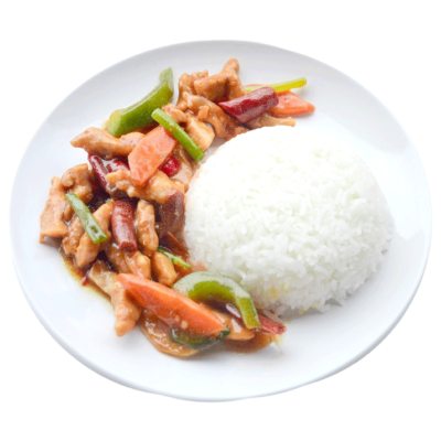 Image of spicy Kung Po Meat served with rice prepared by home chef