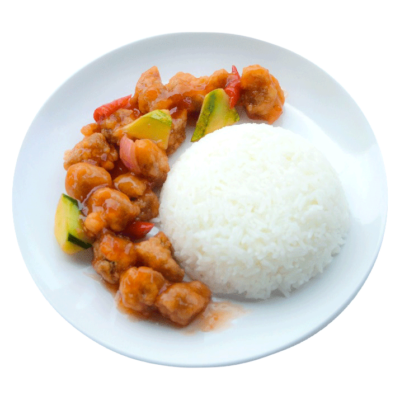 Image of Traditional Chinese Sweet and Sour meat served with Rice prepared by home chef