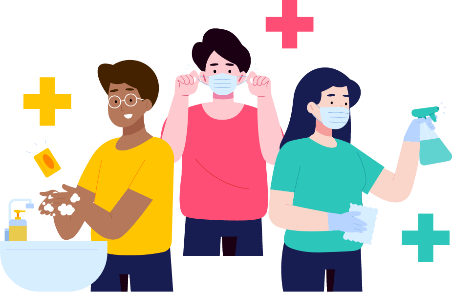 People wearing masks, washing hands, and sanitizing area.